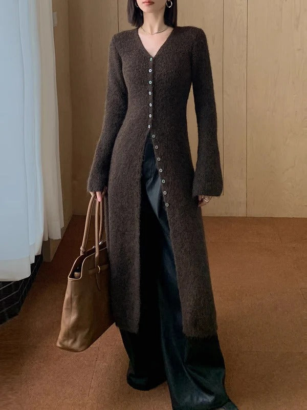 Women's Knitted Long Jacket – Slim Fit – Woolmix – V-Neck – Button Closure – Midi – Long Sleeves