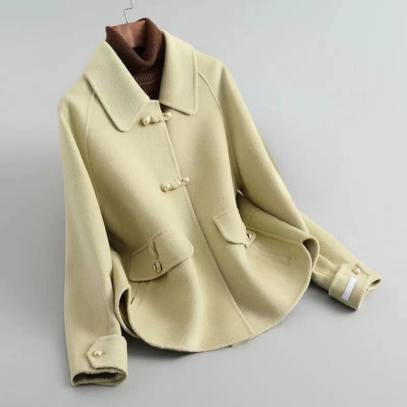 Ladies Coat – Wool – Tailored Fit – Pearl Closure – Flared Hem – Mid-Length