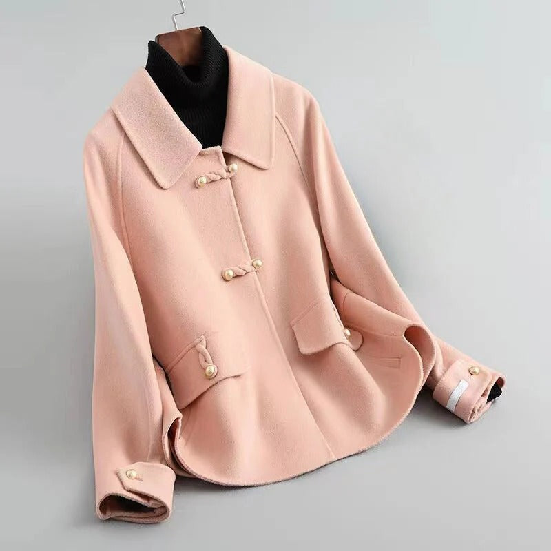 Ladies Coat – Wool – Tailored Fit – Pearl Closure – Flared Hem – Mid-Length