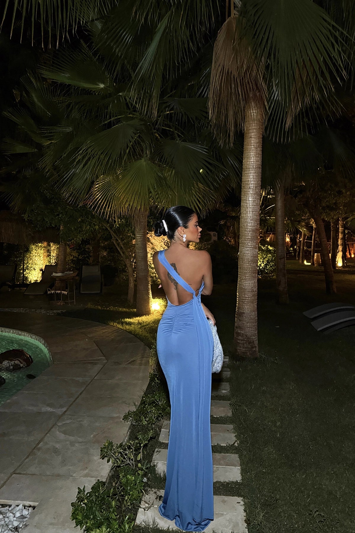 Indigo Long Dress with Bow and Ring Detail