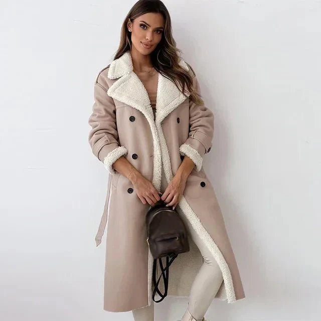 Women's Long Shearling Leather Coat – Relaxed fit – Double-breasted – Wide Lapels