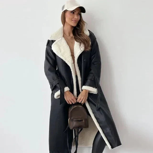 Women's Long Shearling Leather Coat – Relaxed fit – Double-breasted – Wide Lapels