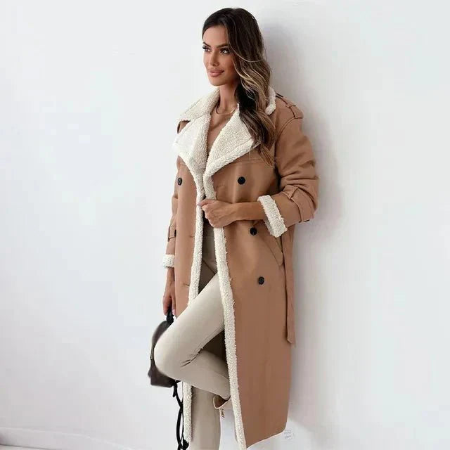 Women's Long Shearling Leather Coat – Relaxed fit – Double-breasted – Wide Lapels