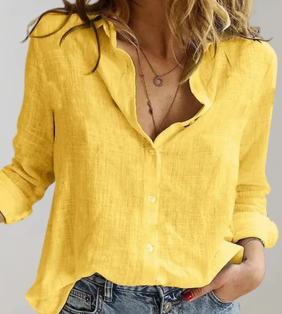Linen Blouse with Long Sleeves and Button Closure for Women