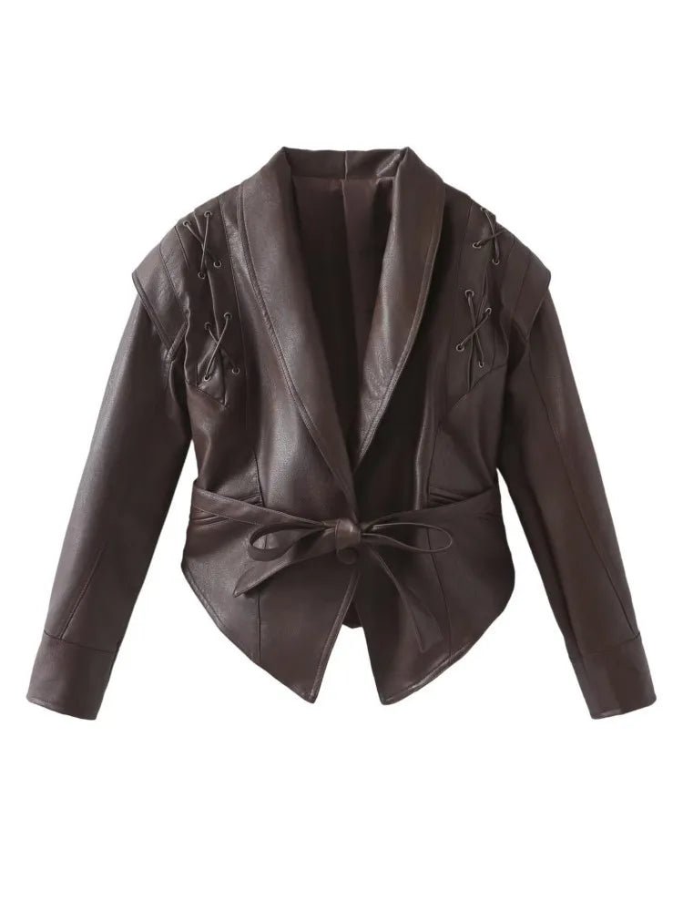 Women's leather coat – Fitted model – Shawl collar – Bow belt – Lace-up shoulders