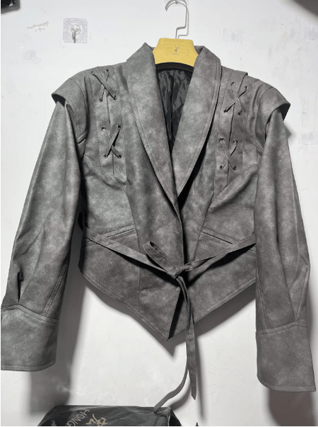 Women's leather coat – Fitted model – Shawl collar – Bow belt – Lace-up shoulders