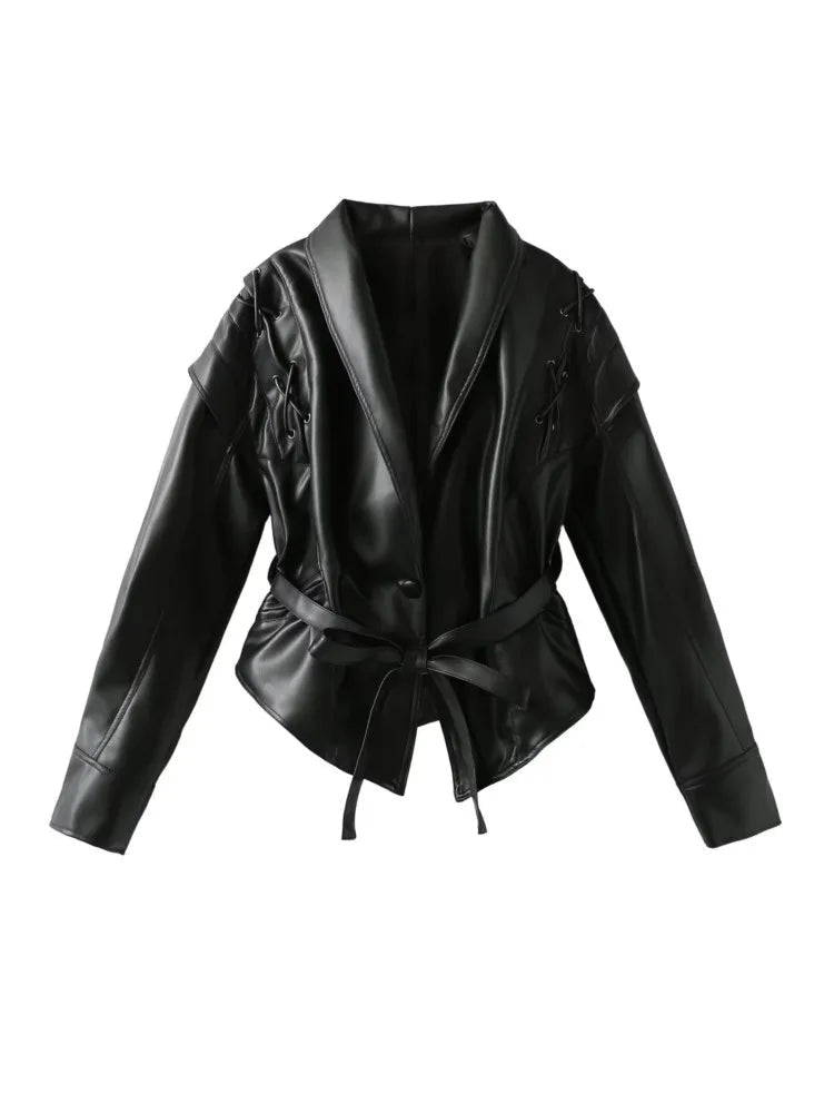 Women's leather coat – Fitted model – Shawl collar – Bow belt – Lace-up shoulders