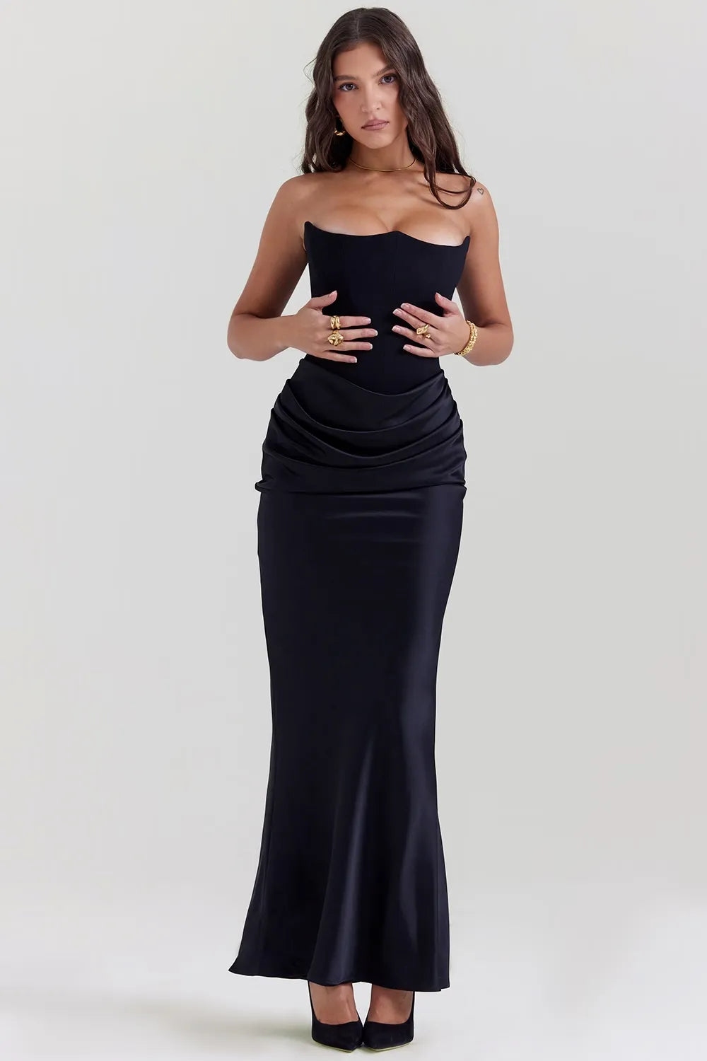 Black Satin Maxi Corset Dress