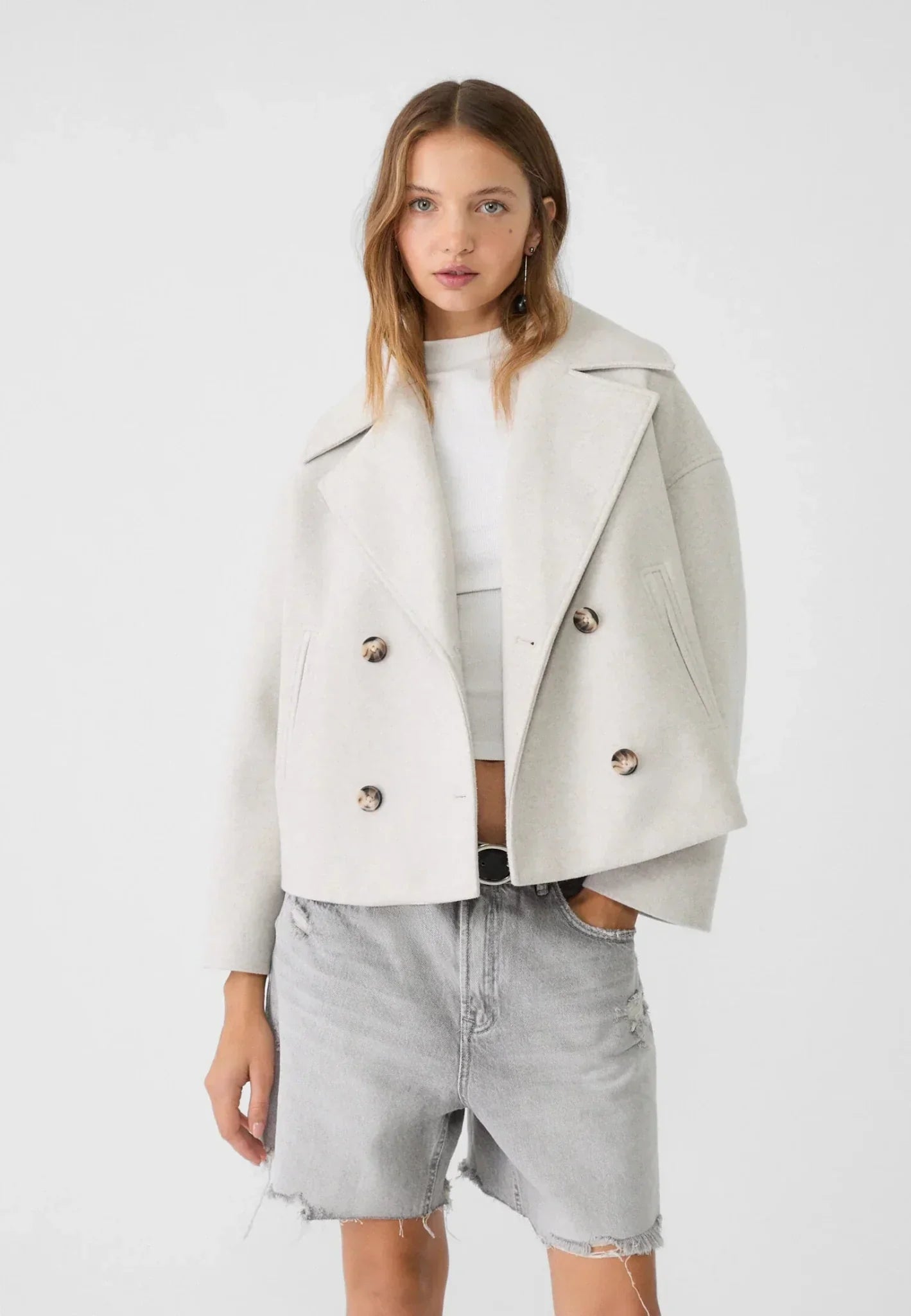 Ladies Coat – Double-Breasted – Oversized Fit – Wool Look – Cropped Structured Style