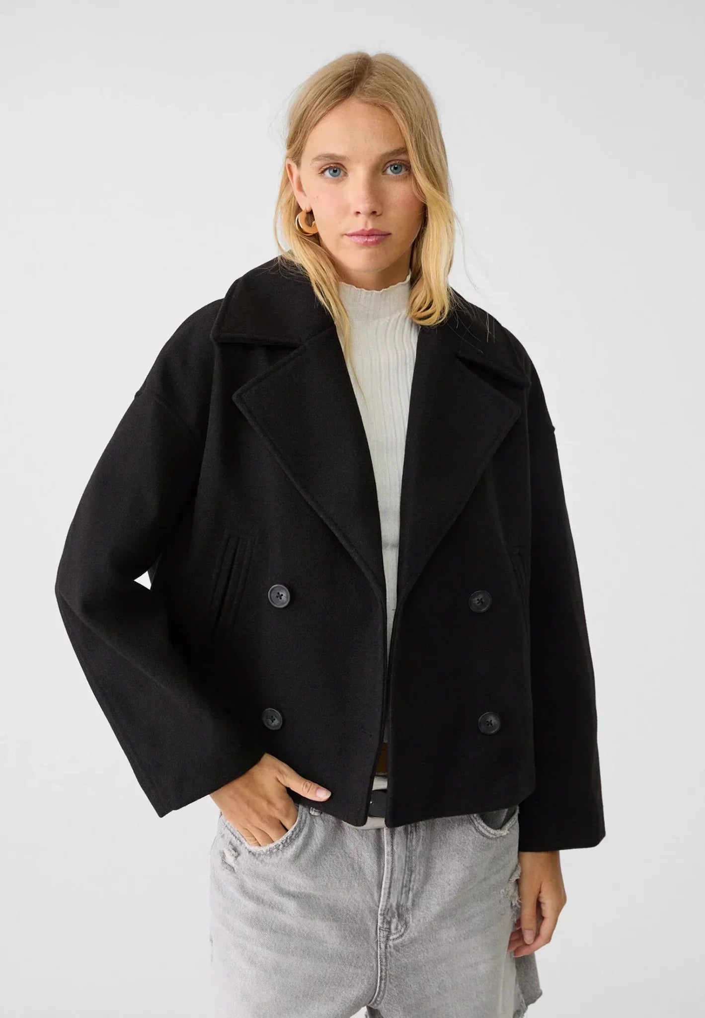 Ladies Coat – Double-Breasted – Oversized Fit – Wool Look – Cropped Structured Style