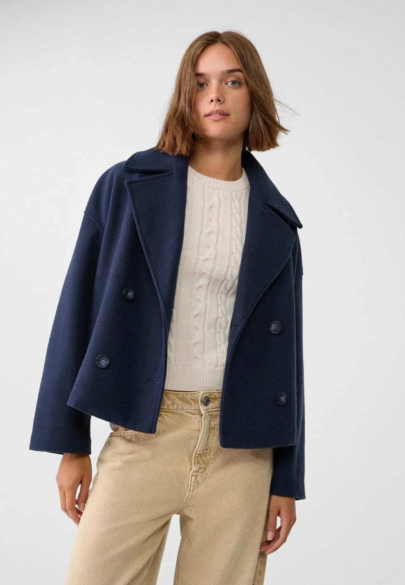 Ladies Coat – Double-Breasted – Oversized Fit – Wool Look – Cropped Structured Style