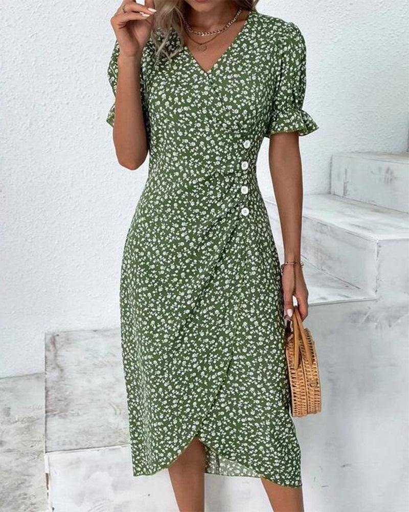 Stijlvolle V-Hals Midi Jurk met Bloemenprint