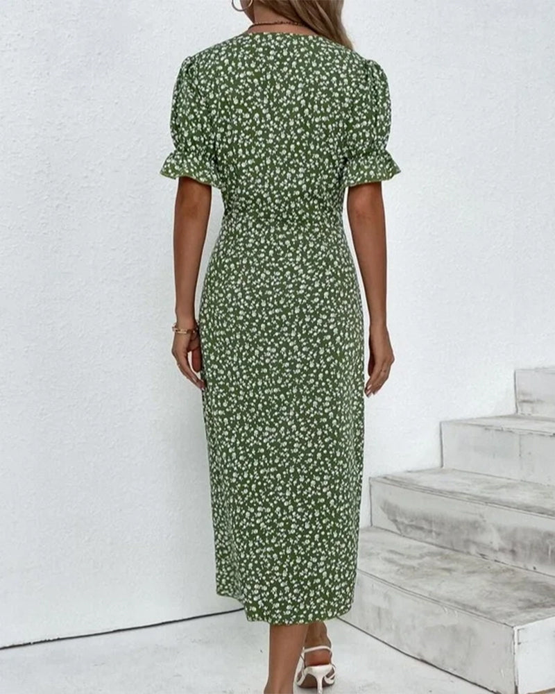 Stijlvolle V-Hals Midi Jurk met Bloemenprint