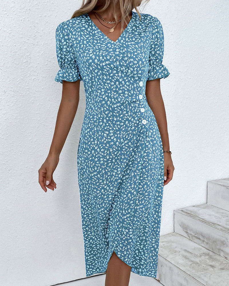 Stijlvolle V-Hals Midi Jurk met Bloemenprint