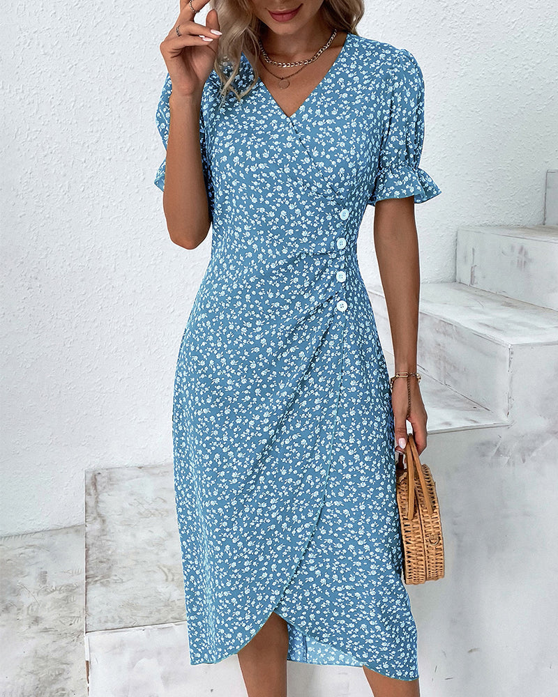 Stijlvolle V-Hals Midi Jurk met Bloemenprint