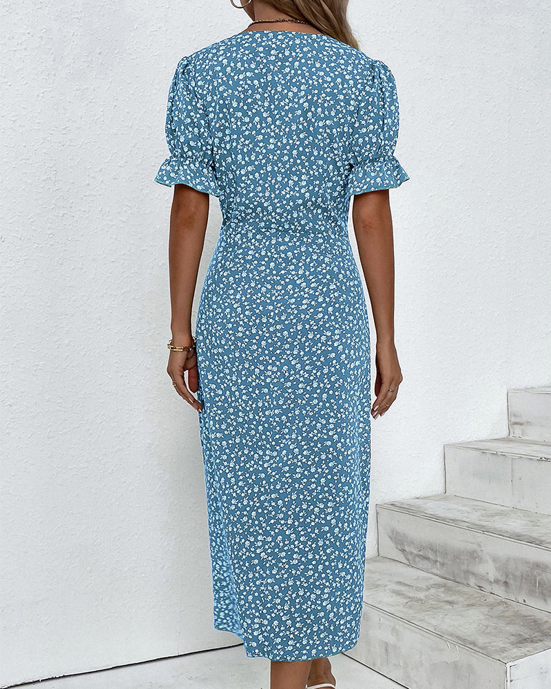 Stijlvolle V-Hals Midi Jurk met Bloemenprint