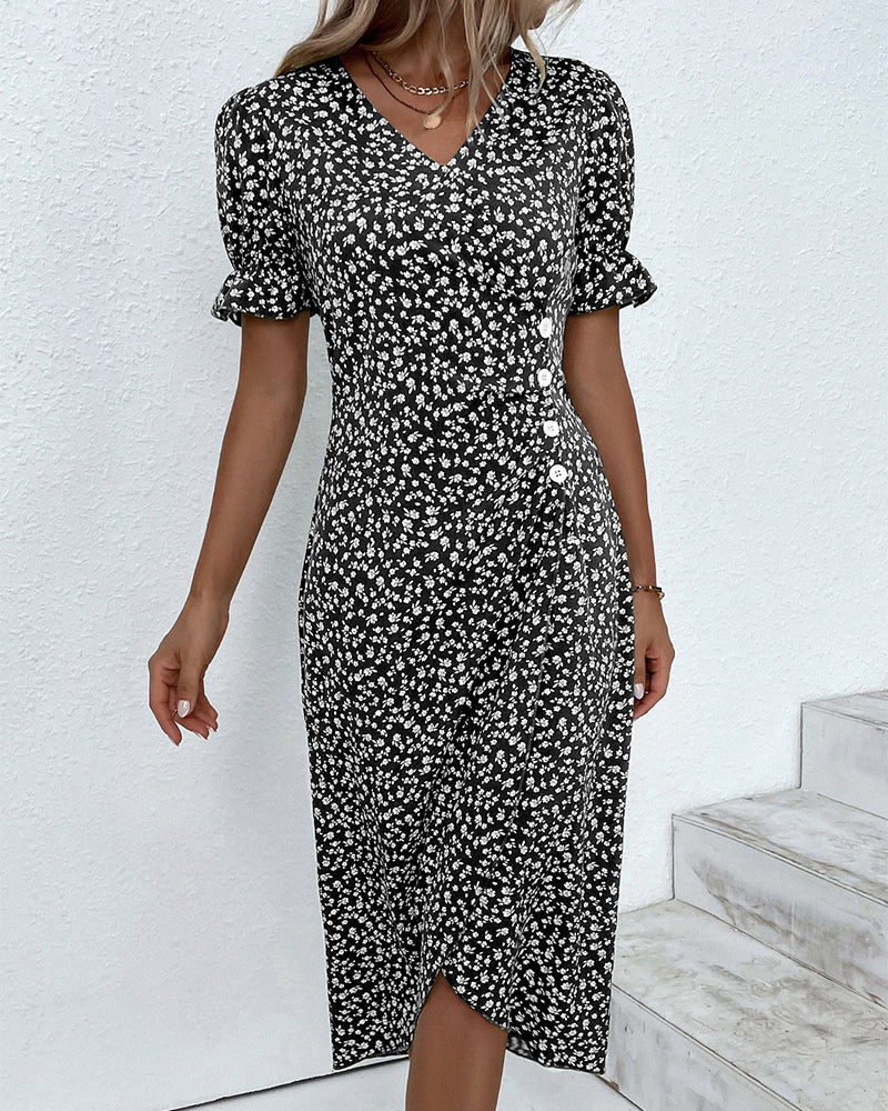 Stijlvolle V-Hals Midi Jurk met Bloemenprint
