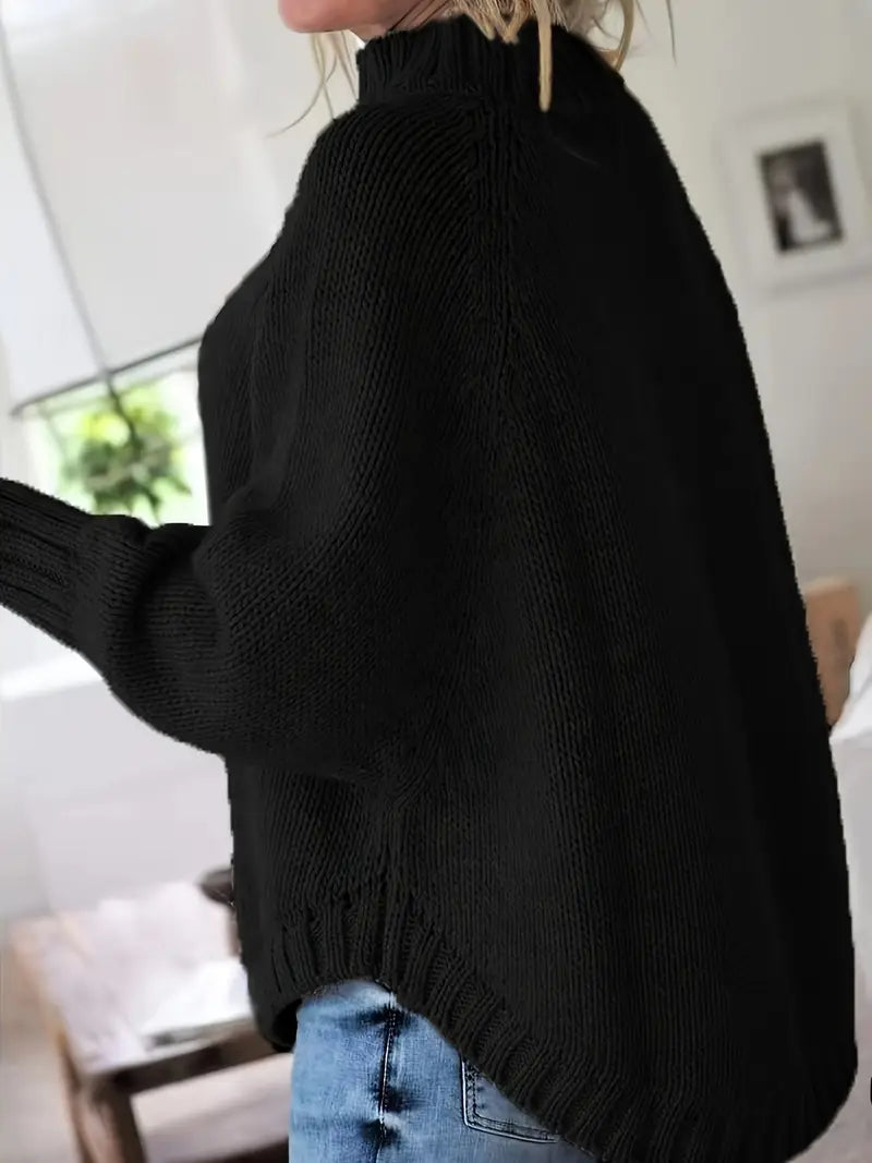 Dames Pullover Trui – Oversized Pasvorm – Wol – Turtleneck – Kabelgebreid – Geribde Boorden