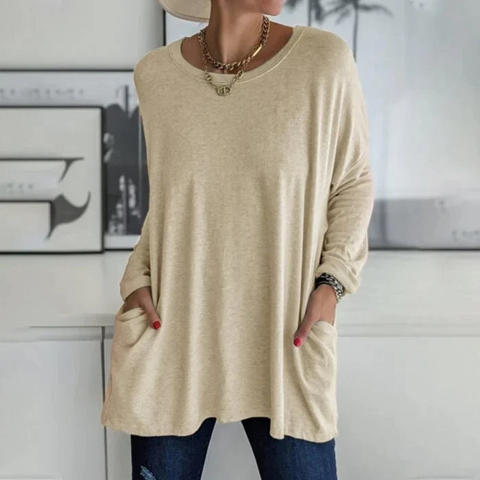Women's Tunic Top – Loose Fit – Soft Knit Fabric – Long Sleeve – With Pockets