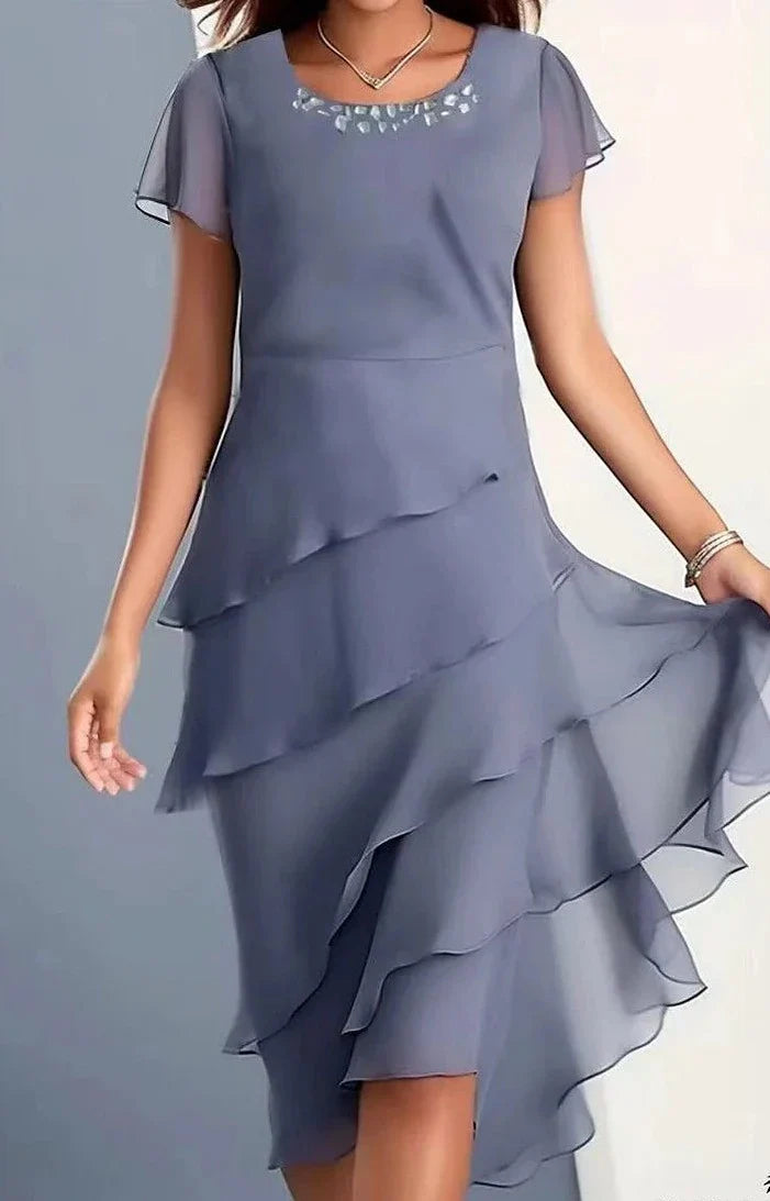 Elegante Korte Mouwen Midi Jurk met Ronde Hals