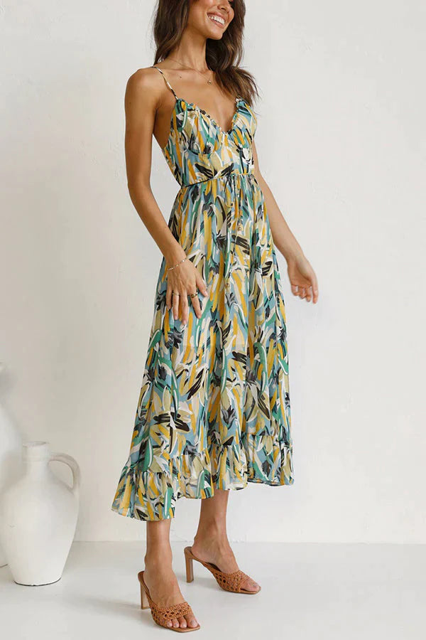 Dames Midi Jurk – Luchtig Chiffon – Losvallend Model – V-Hals met Print