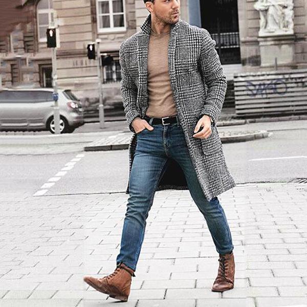 Heren trenchcoat – Slim Fit – Wolblend – Lange lengte – Geruit – Notch-revers