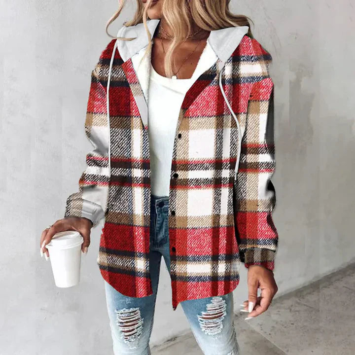 Dames Overshirt Jas – Relaxte Pasvorm – Wolmix – Geruit – Capuchon – Knoopsluiting