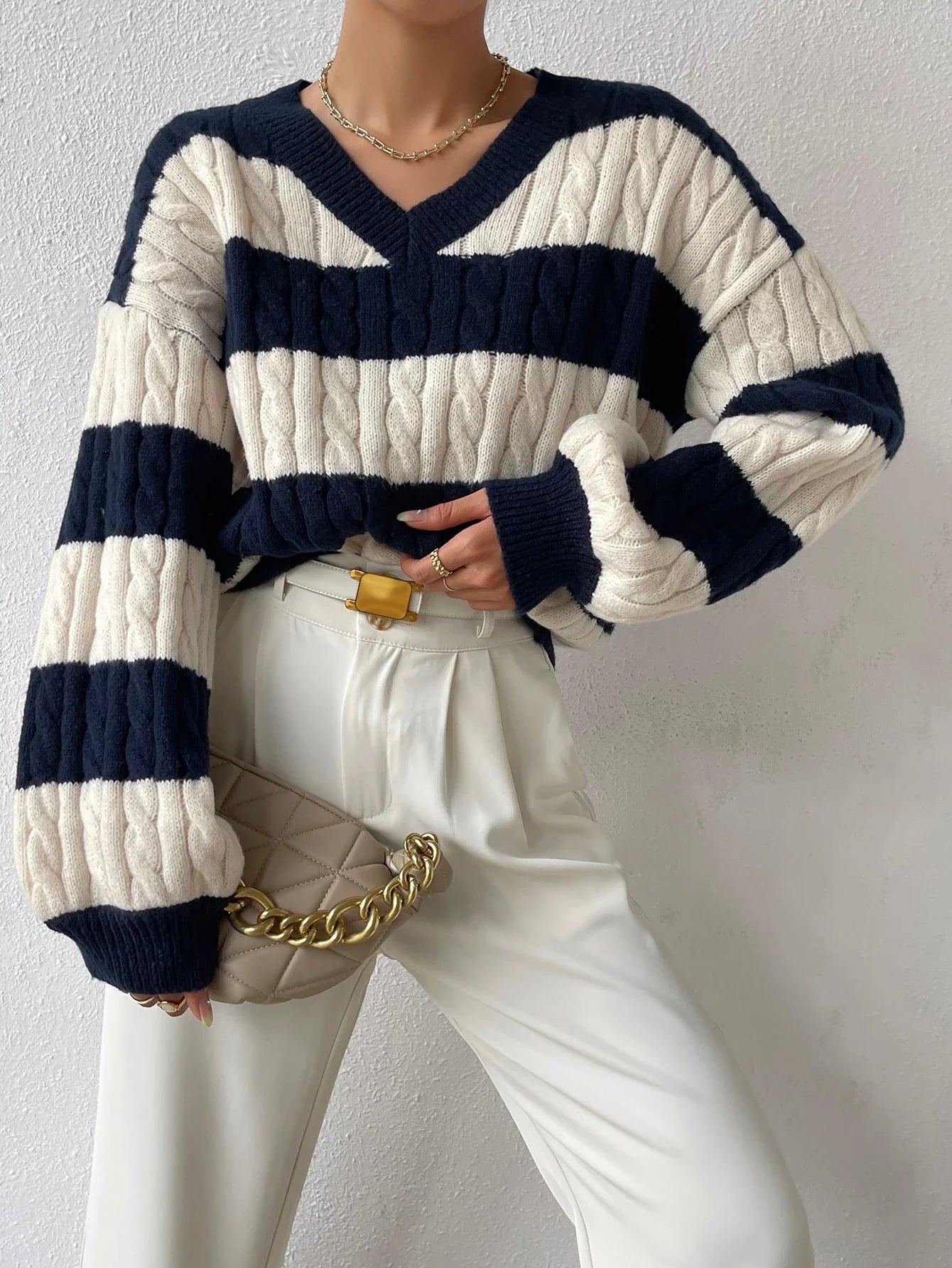Olivia Cable-Knit Varsity Sweater | Striped Casual Sweater