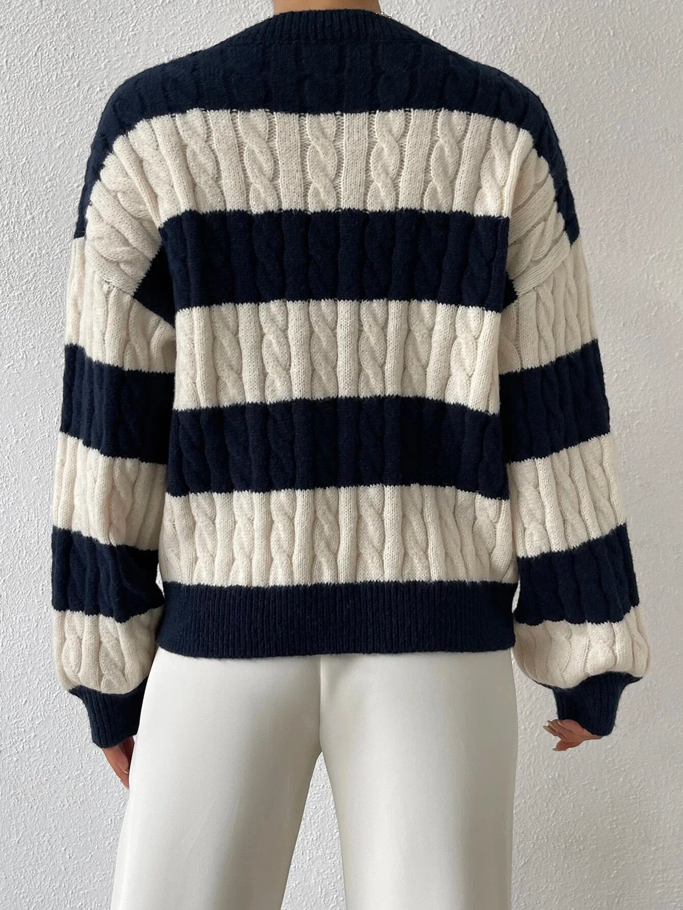 Olivia Cable-Knit Varsity Sweater | Striped Casual Sweater