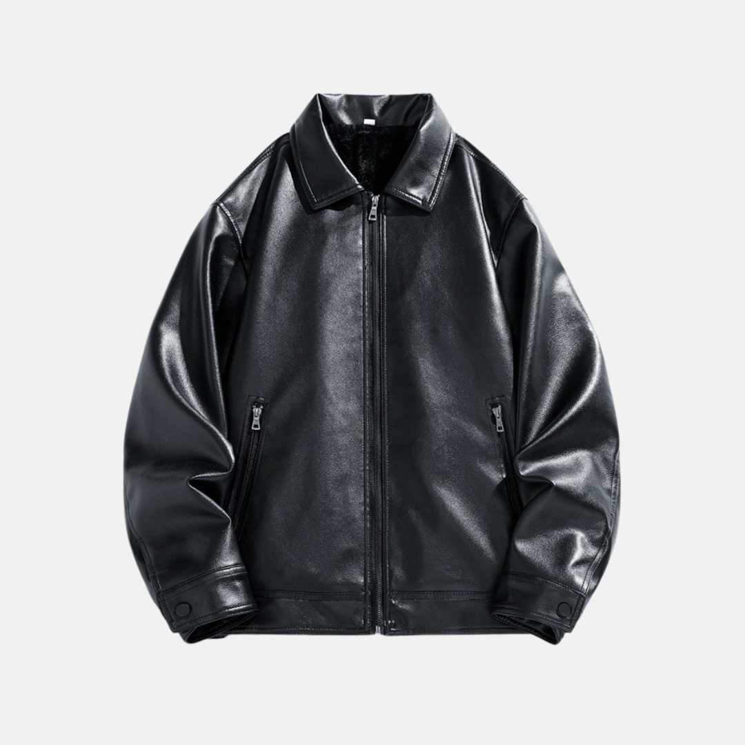 Men's Jacket - Faux Leather - Relaxed Fit - Hip Length - Spread Collar