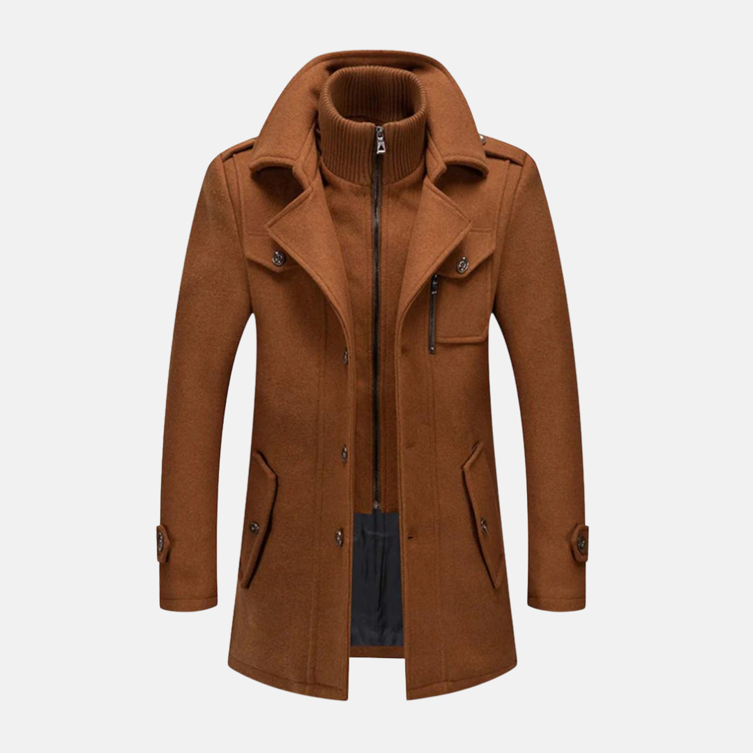 Men's Coat – Slim Fit Wool – Double Collar with Zipper Closure – Epaulettes and Pocket Details