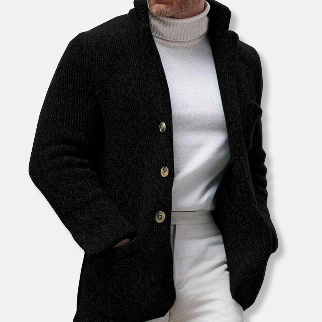 Men's Cardigan – Knitted Wool – Regular Fit – Stand-Up Collar – Patch Pockets