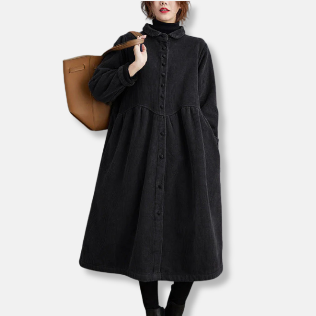 Women's Long Coat – Corduroy – A-line Loose Fit – High Collar – Button Closure – Midi