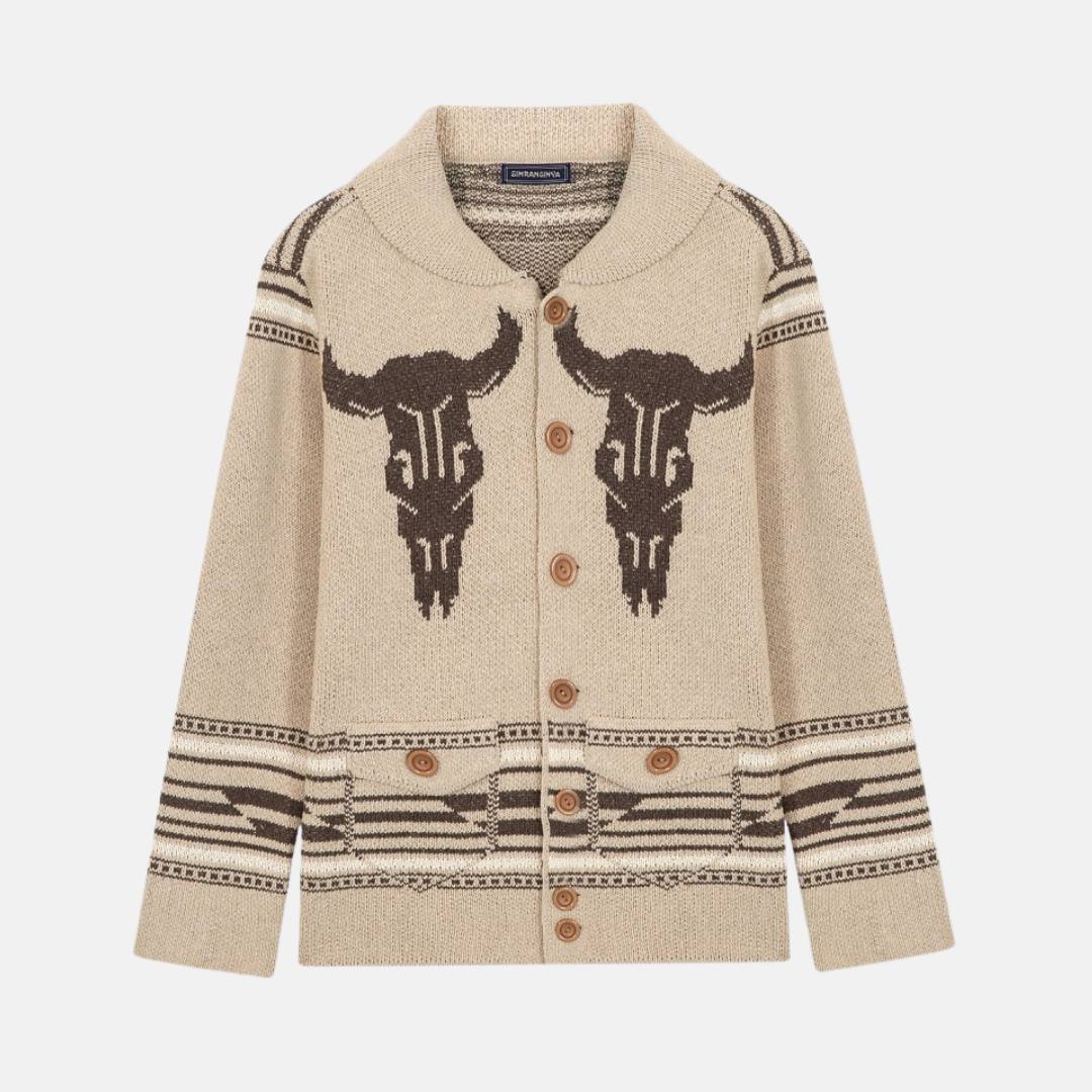 Men's Jacket – Shawl Collar – Western Skull Print – Patch Pockets