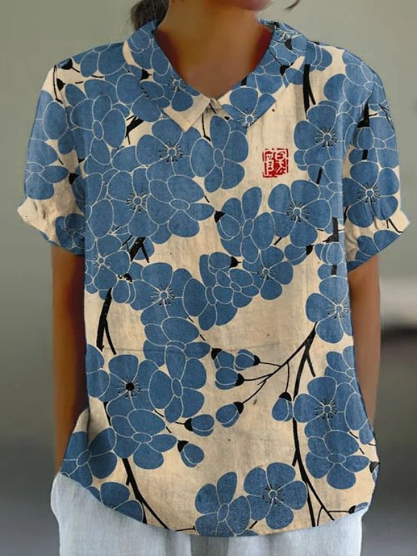 Blossom Art Retro Top met Korte Mouwen voor Dames