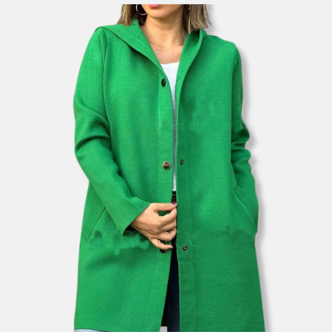 Women's Long Coat with Hood – Wool Blend – Relaxed Fit – Snap Button Closure – Mid-Length