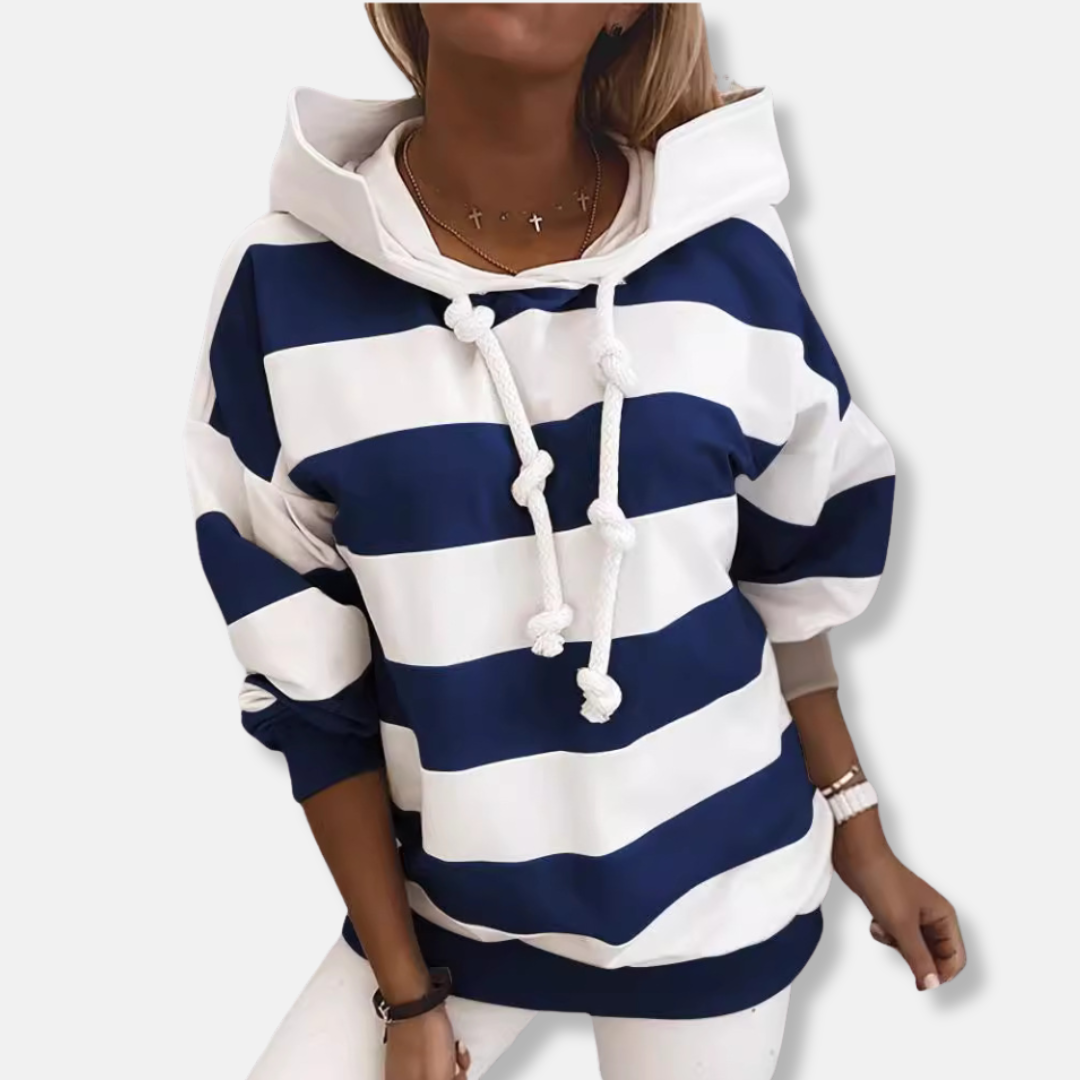 Women's Hoodie – Oversized Fit – Cotton Blend – Striped – Ribbed Trims – Knotted Drawcord