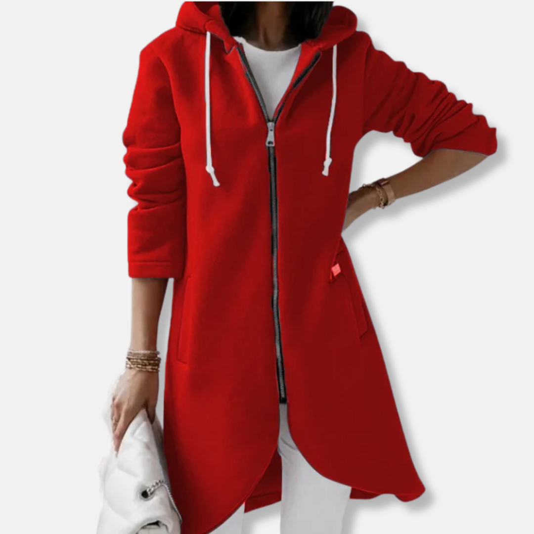 Women's Long Hoodie – Fleece Material – Relaxed Fit – Asymmetrical Hem – Zip Front Closure