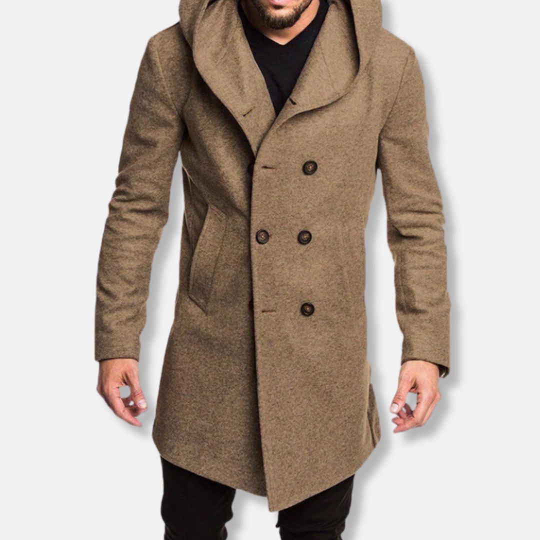 Men's Long Coat – Slim Fit – Wool – Double-Breasted – With Hood