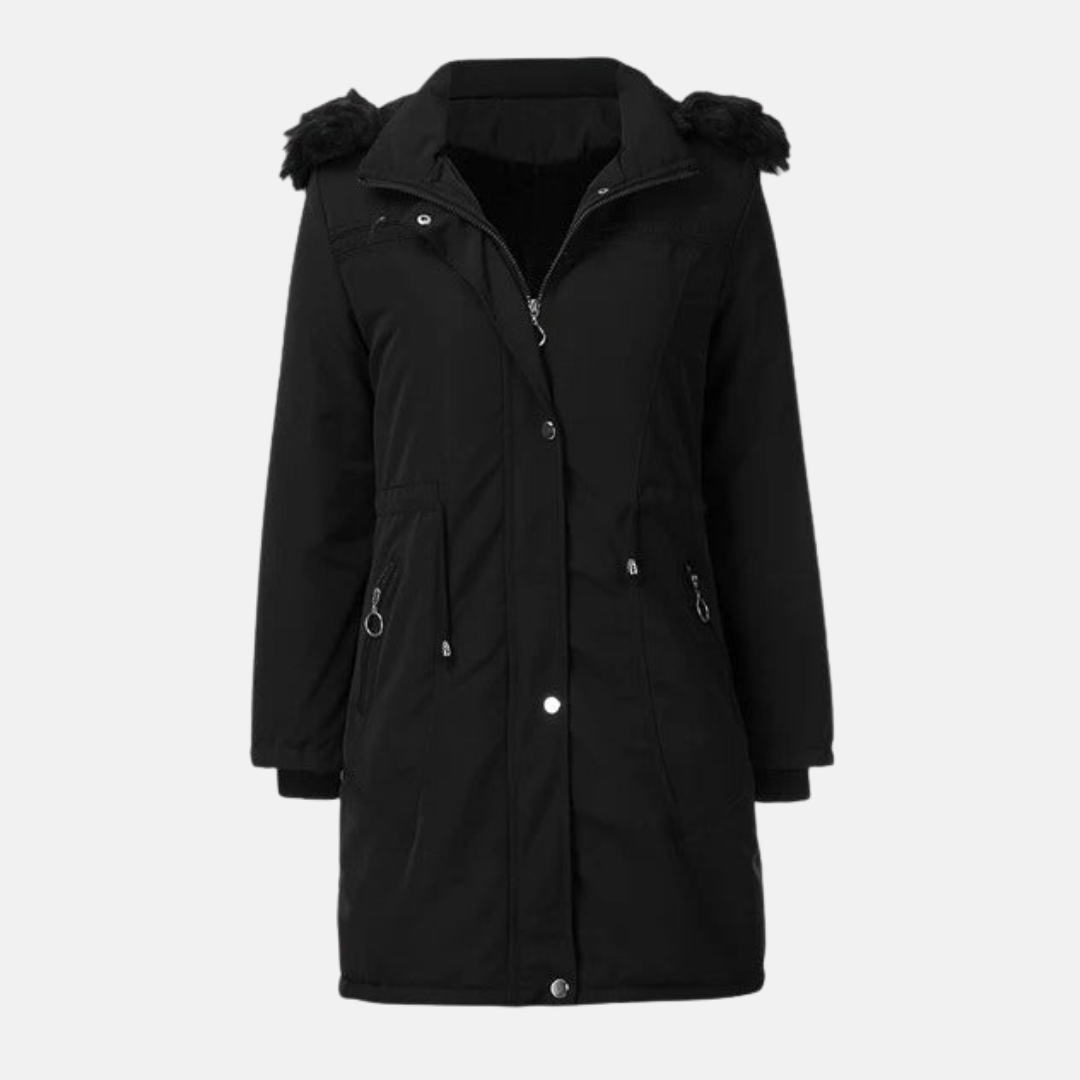 Women's long coat – Lined – Mid-length – Hood with faux fur – Drawstring waist