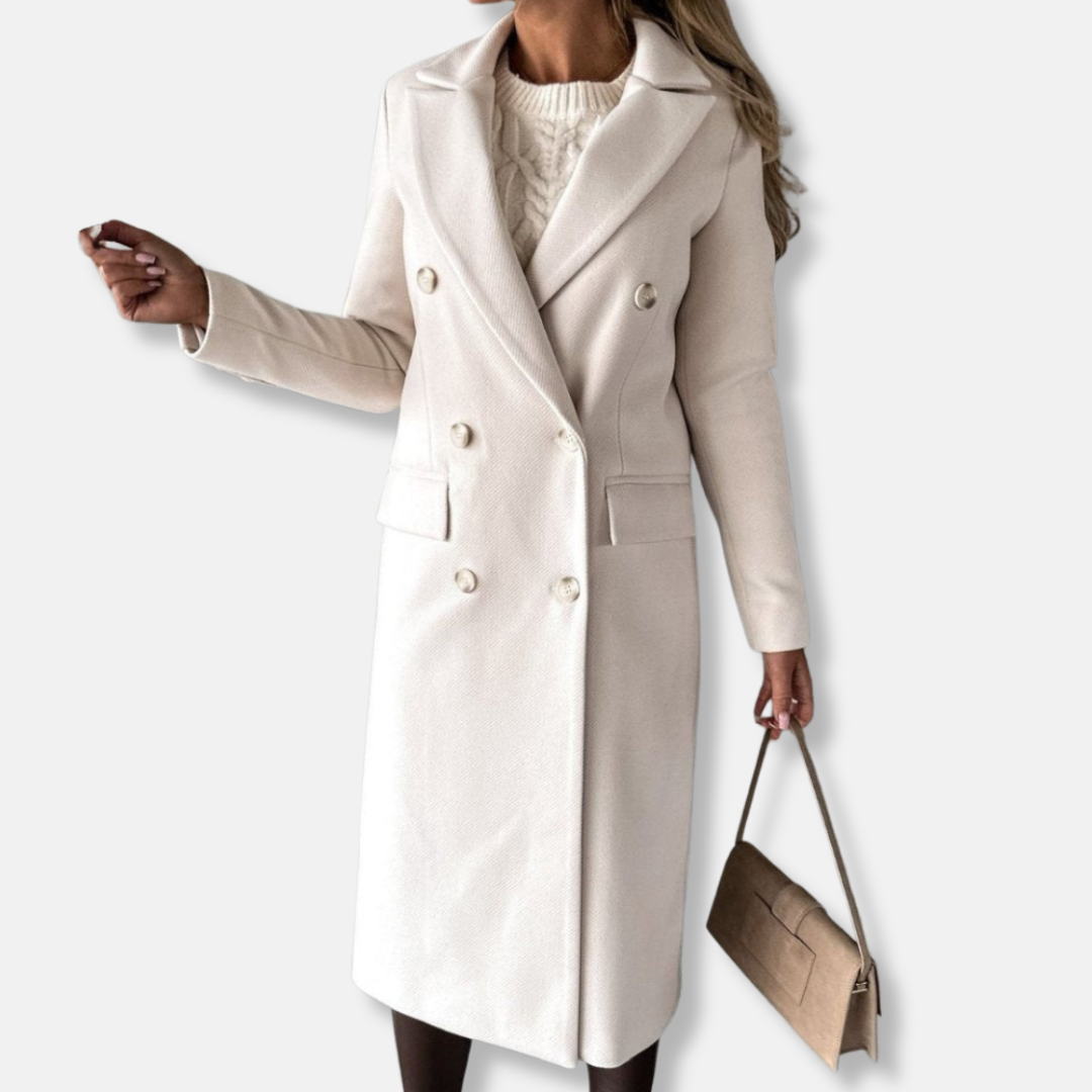 Women's Long Coat – Wool Mix – Fitted Model – Double Row Buttons – Notched Lapel