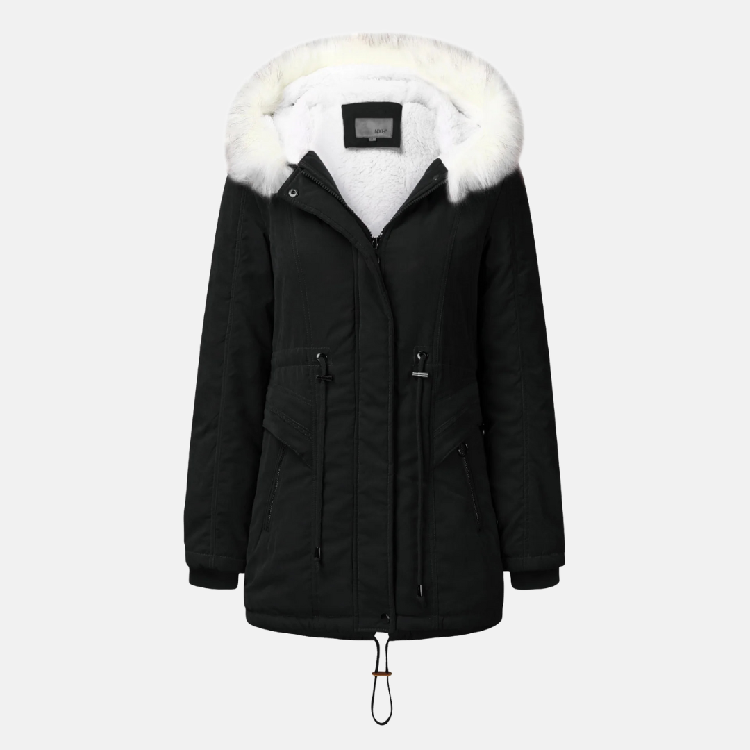 Ladies Jacket – Mid Length Model – Fleece Lining – Waist Drawstring – Removable Hood