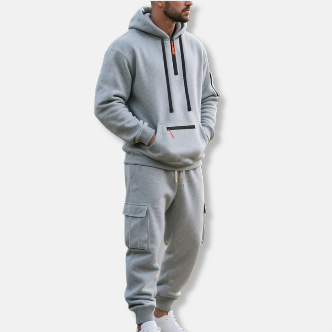 Men's Tracksuit – Relaxed Fit Hoodie with Half-Zip – Cargo Jogging Pants with Pockets