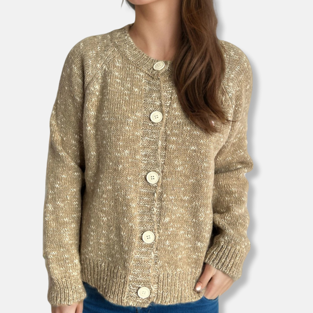 Women's Cardigan – Relaxed Fit – Marled Knit – Button Closure – Ribbed Edges – Cropped Model