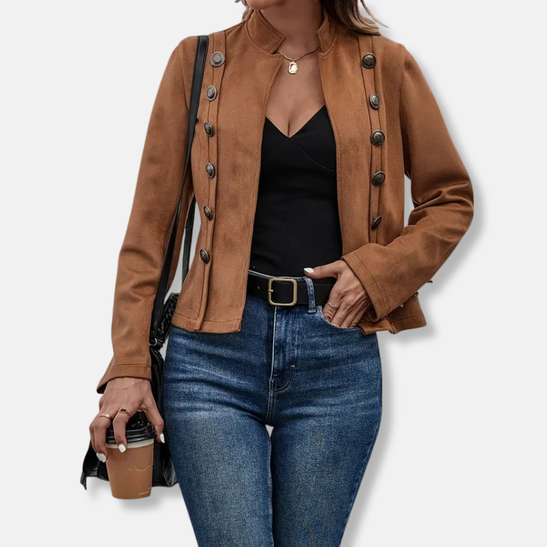 Ladies Coat - Woven Fabric - Slim Fit - Short Length - Mandarin Collar - Decorative Buttons