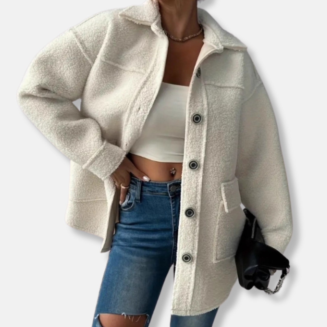Ladies Coat – Oversized Fit – Teddy Fleece – Front Buttons – Patch Pockets