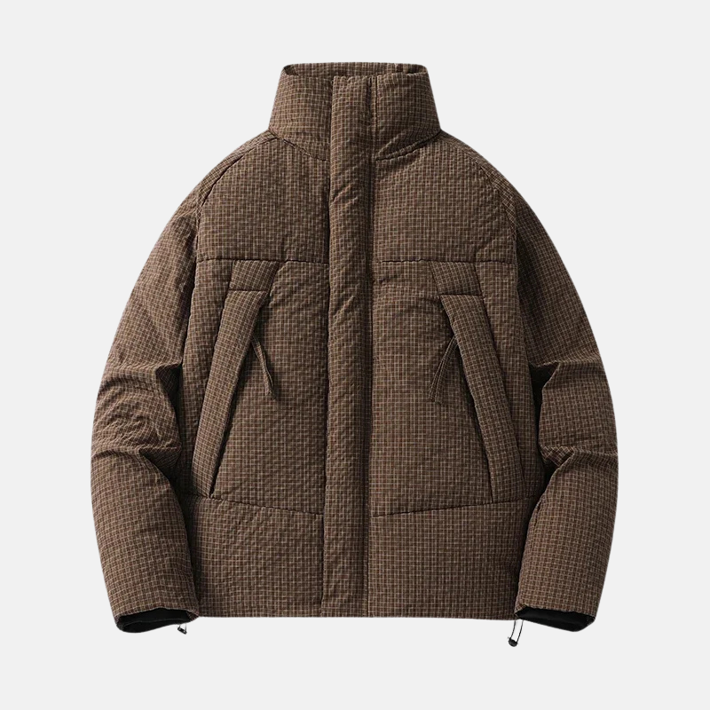 Men's Down Jacket – Loose Fit – High Collar – Micro-Check Structure – Lined Warm