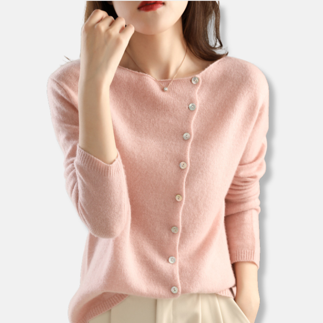 Ladies Knitted Cardigan – Relaxed Fit – Asymmetrical Closure – Long Sleeves Ribbed Cuffs