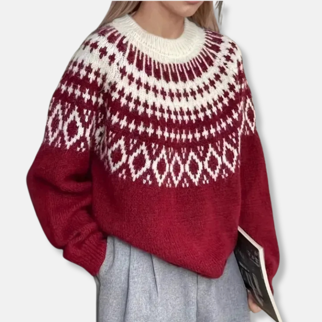 Women's Sweatshirt – Oversized Fit – Chunky Knit Fabric – Fair Isle Pattern – Ribbed Trims