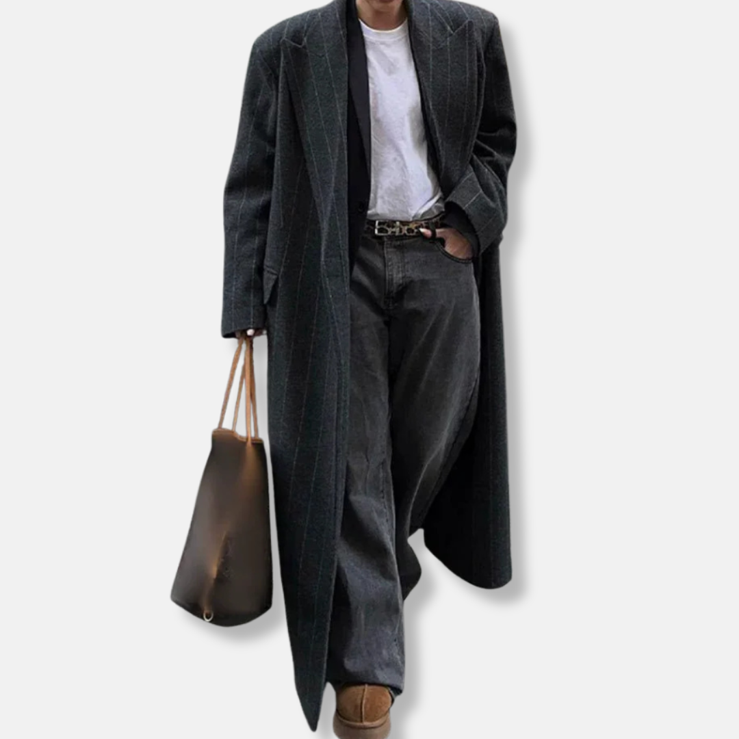 Women's Coat – Oversized Fit – Wool Mix – Pinstripe – Notched Lapel – Flap Pockets